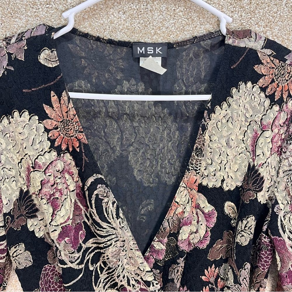 Vintage Y2K MSK Women's Black Floral top beading shoulder pads‎ ruched v neck - Picture 5 of 16